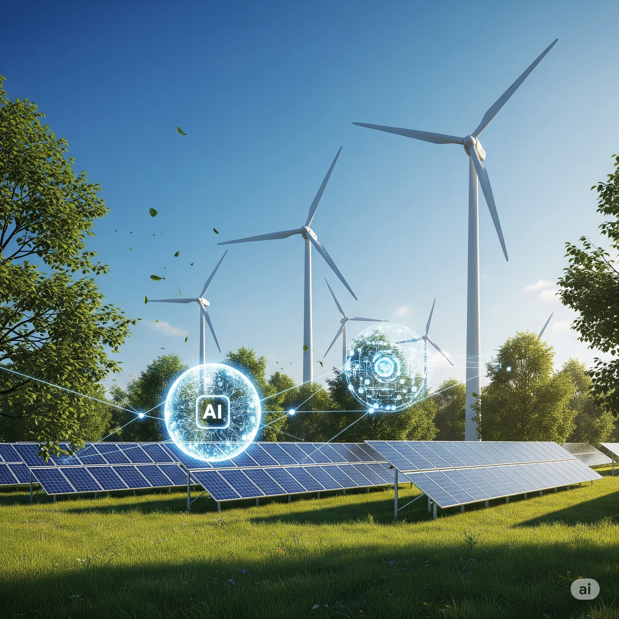 Énergie renouvelable et technologie verte symbolisées par des éoliennes et des circuits